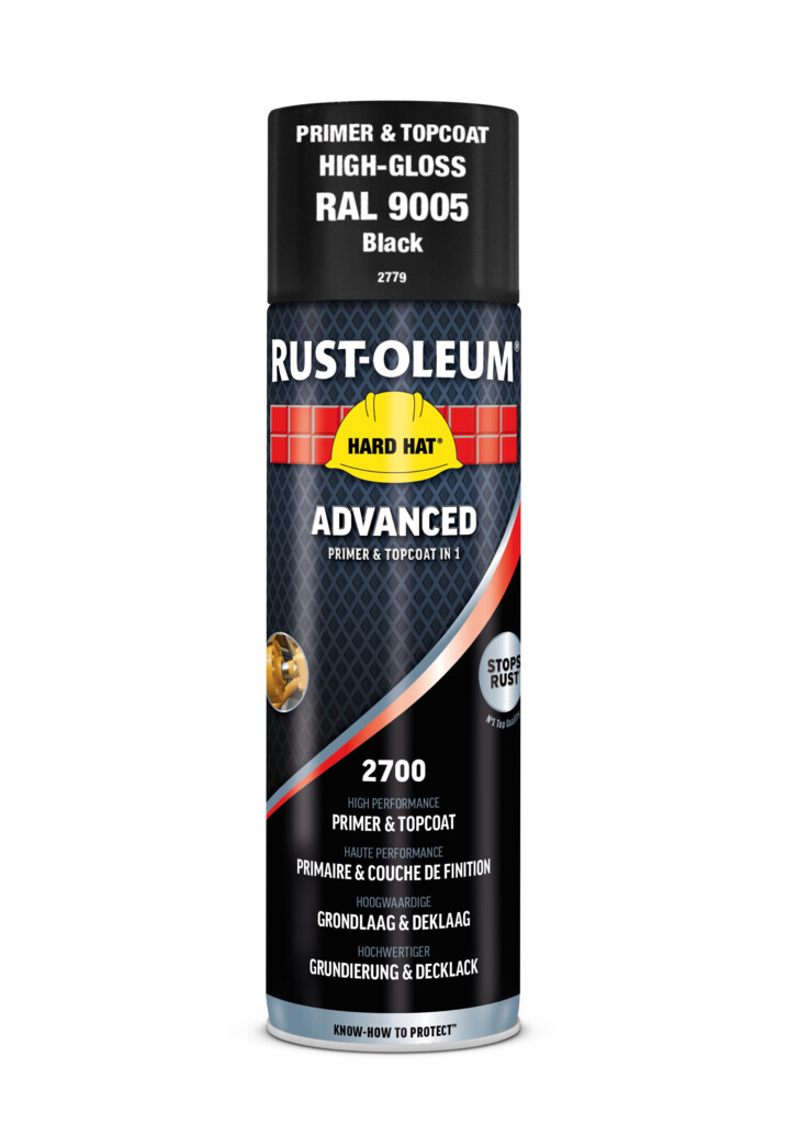 2779 Rust-Oleum Hard Hat Advanced 2 in 1, Git zwart Ral9005 hoogglans spuitbus 500ml