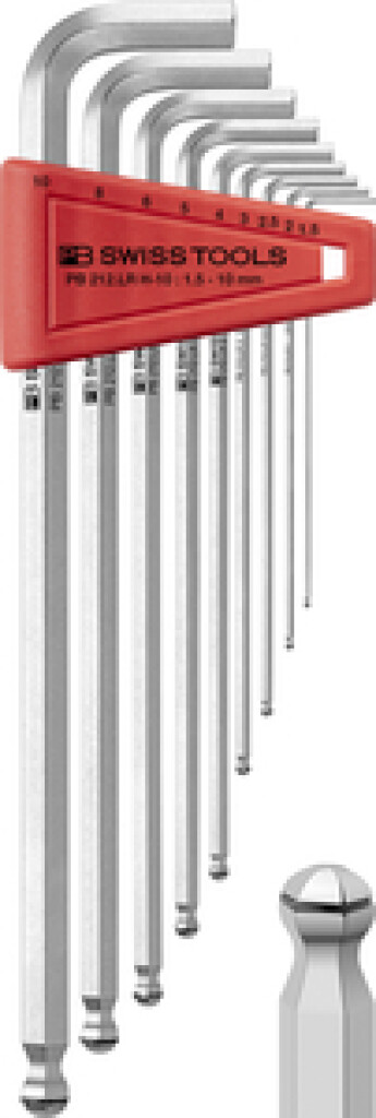 PB 212.LR H-10 PB SWISS TOOLS Stiftsleutel lang kogelkop met klemring, set in kunststof houder 1,5-2-2,5-3-4-5-6-8-10mm 