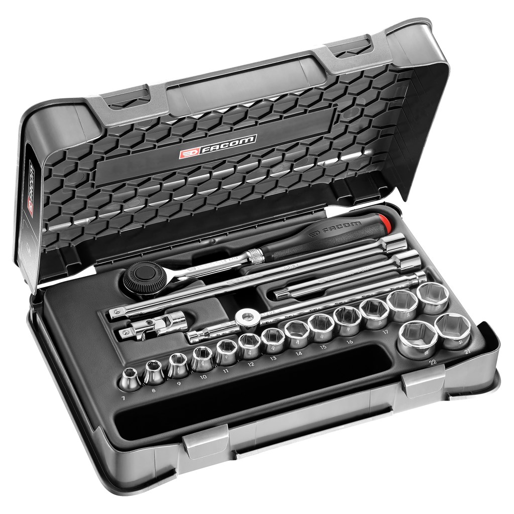 J.360-3P6 Facom 20-delige 3/8" metrische 6-kant doppenset met ratel en hulpstukken