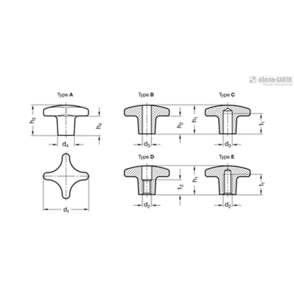 DIN 6335-AL-40-M8-E-PL Elesa Kruisgreep