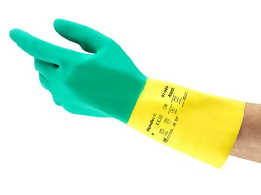 87-900 mt.7,5 AlphaTec Ansell Handschoenen groen/geel mt.7,5 Tweekleurige, dubbel gedompelde handschoen van natuurlijk rubber en neopreen, met flockvoering