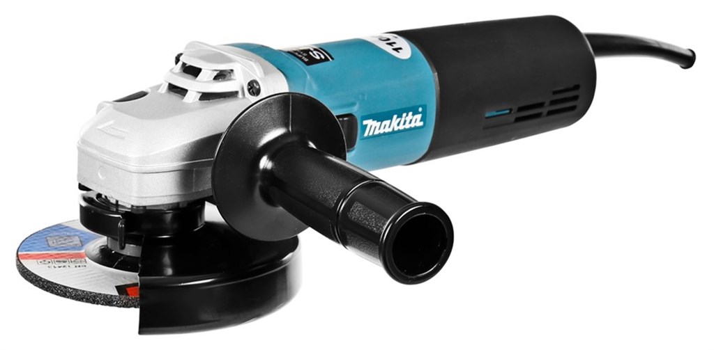9565HR Makita 230V Haakse slijper 125mm In doos, met vastzetschakelaar, met afbraamschijf en beschermkap