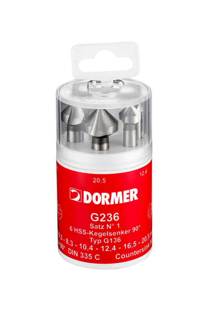 G2361 Dormer HSS 90° Verzinkborenset nr.1 G136 6-dlg 6,3-8,3-10,4-12,4-16,5-20,50mm ongecoat met cilindrische schacht