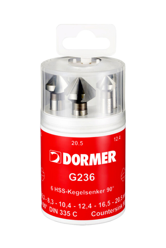 G2364 Dormer HSS 90° Verzinkborenset nr.4 G106 6-dlg 6,3-8,3-10,4-12,4-16,5-20,50mm ongecoat met 3-vlaks cilindrische schacht