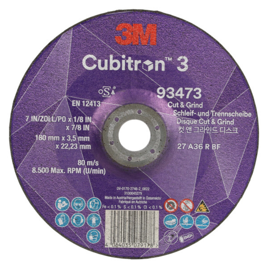 93473 3M Cubitron 3 cut/grind schijf T27 180X3,5X22,23mm 36+ 