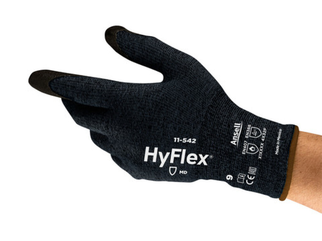 11-542 mt.11 HyFlex Ansell Handschoenen zwart mt.11 Lichte A7-handschoen met snijniveaus, met INTERCEPT TECHNOLOGY® (Hitte bestendig tot 100°C en snijklasse F)