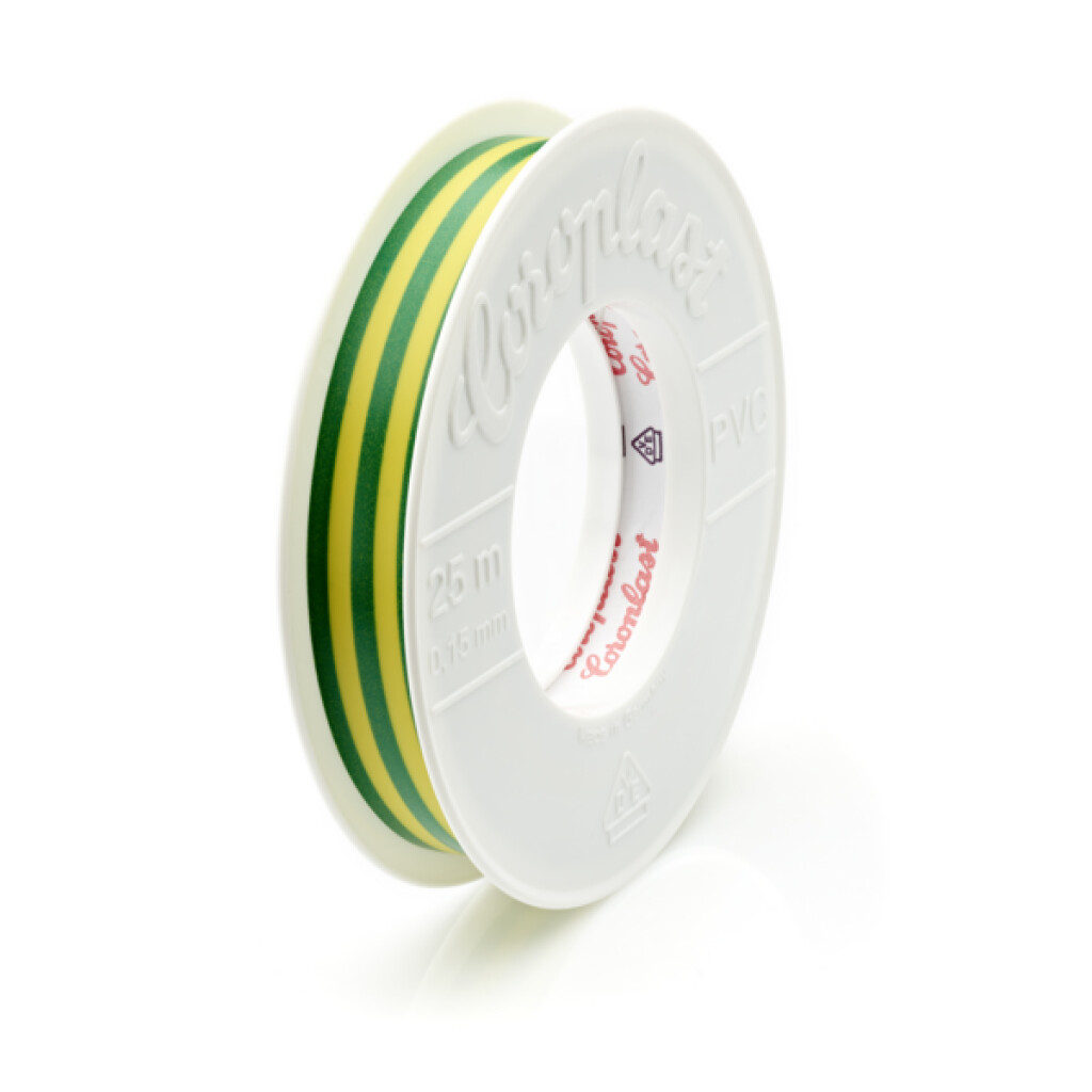302-15X25 groen/geel Coroplast PVC Isolatietape groen/geel ouderdoms- en weerbestendig breedte 15mm lengte 25mtr
