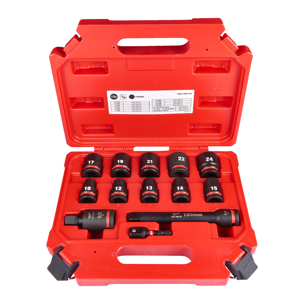Milwaukee Doppenset SHOCKWAVE 1/2 (10/12/13/14/15/17/19/21/22/24, Kruiskoppeling 15°, Adapter 1/4" HEX naar 1/2" vierkant, Verlengstuk 150mm)