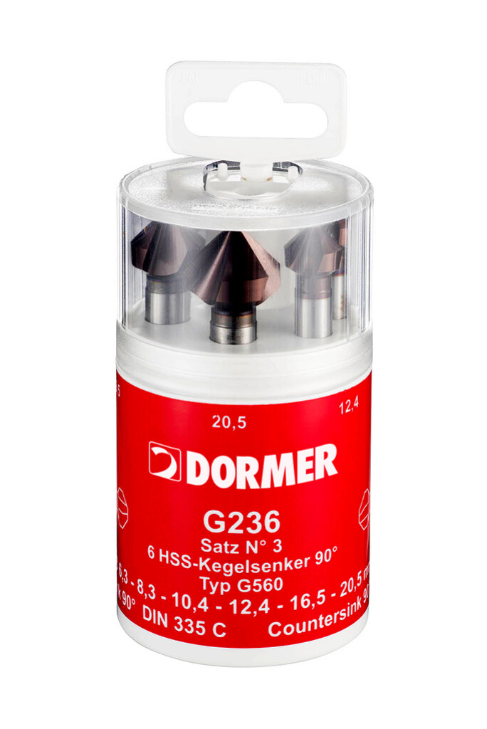 G2363 Dormer HSS 90° Verzinkborenset nr.3 G560 6-dlg 6,3-8,3-10,4-12,4-16,5-20,50mm TiAlN gecoat met cilindrische schacht