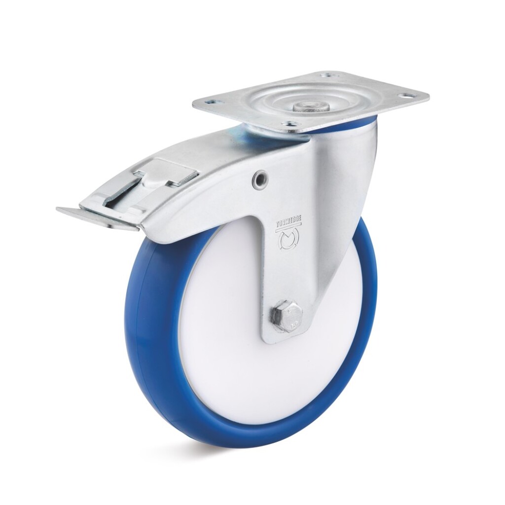 L-IL-PUBK-100-K-3-DSN TORWEGGE Zwenkwiel met plaat en rem, polyamide velg, PU band 100mm