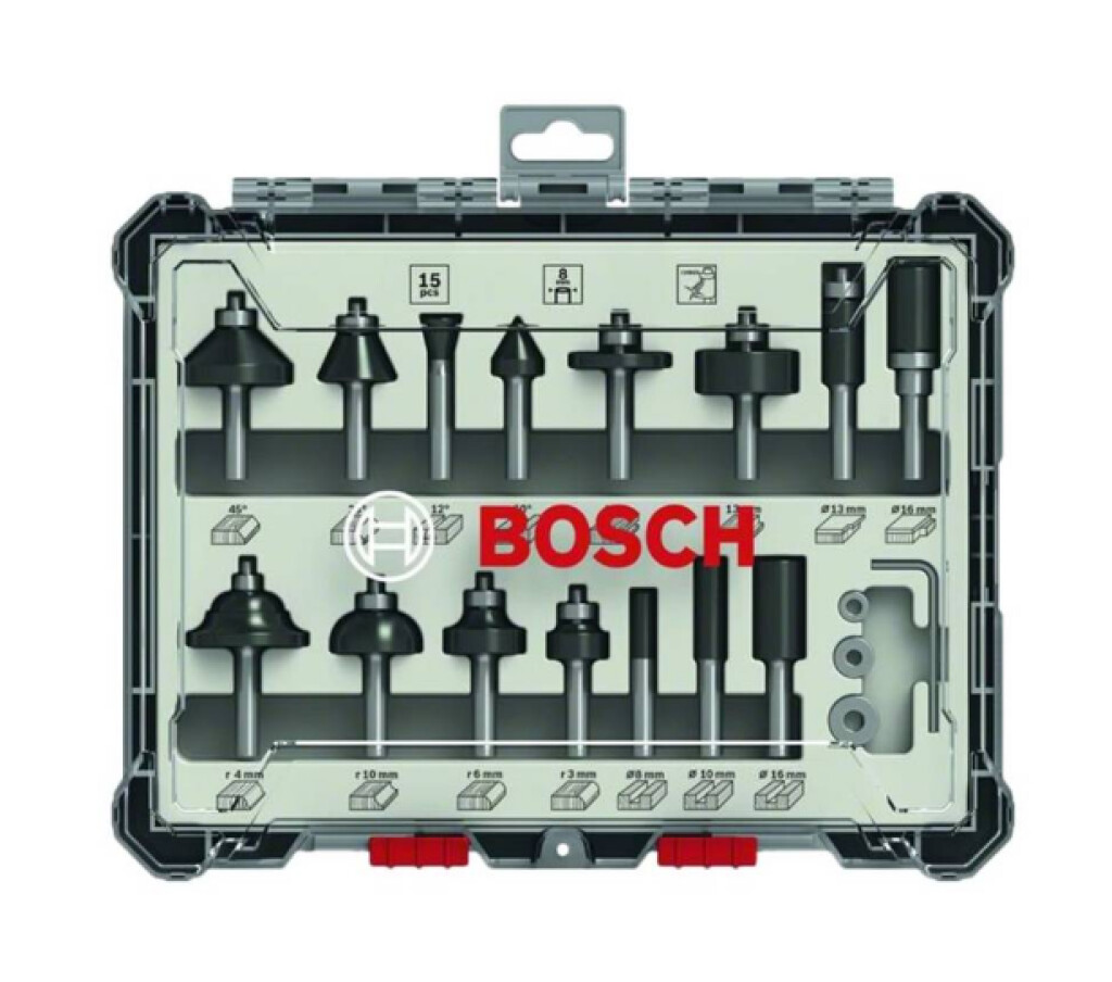2607017472 Bosch Gemengde freesset met schacht van 8 mm, 15-delig
