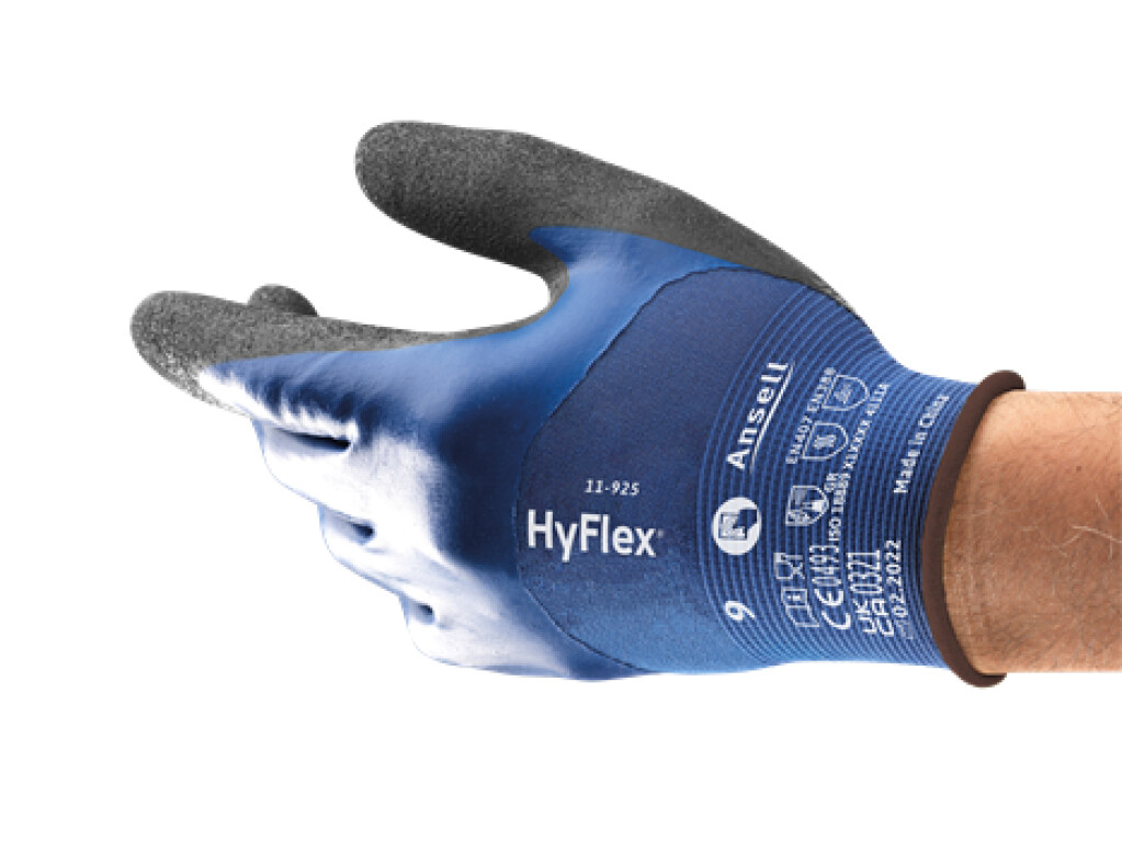 11-925 mt.10 HyFlex Ansell Handschoenen donkerblauw mt.10 Ultralichte, olieafstotende, veelzijdige handschoen met goede greep op geoliede voorwerpen