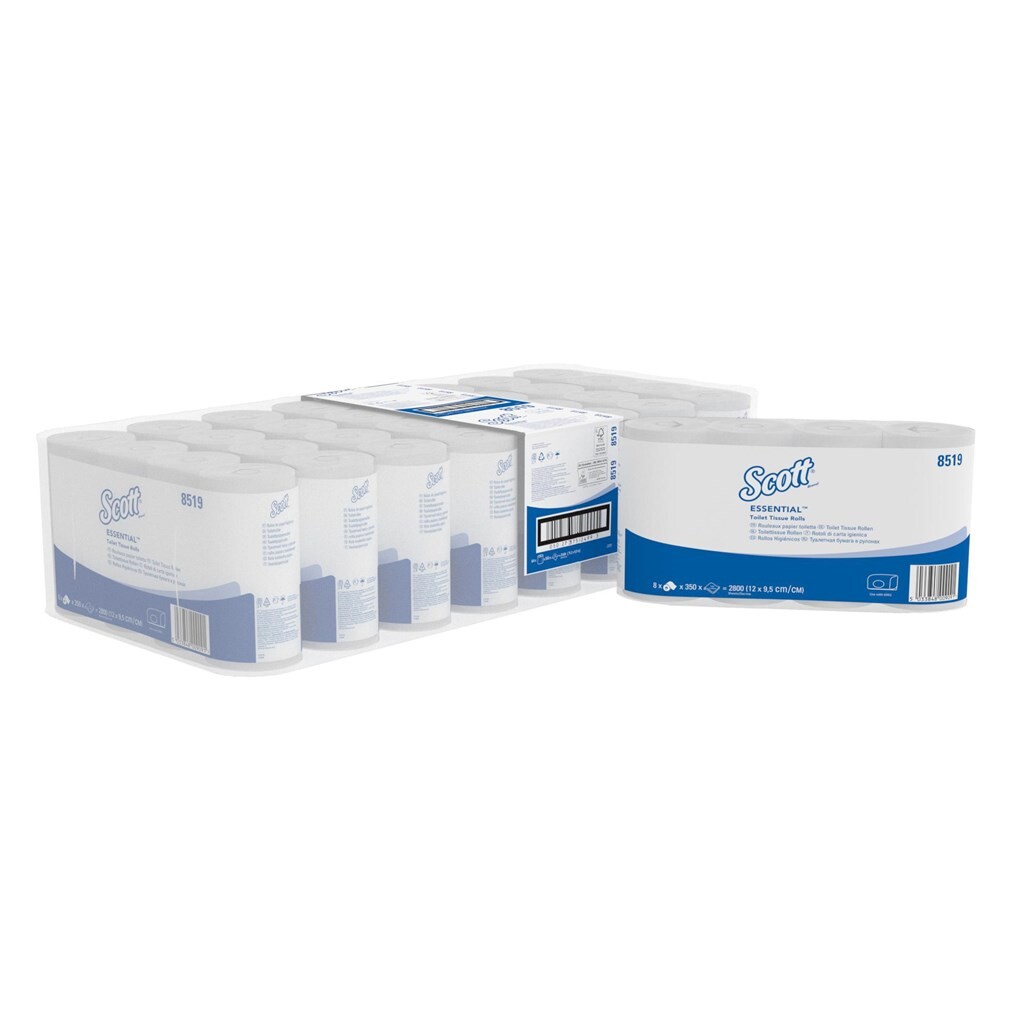 
Scott® Essential™ Standaardrol Toiletpapier 8519 - 64 rollen x 350 witte, 2-laags vellen 