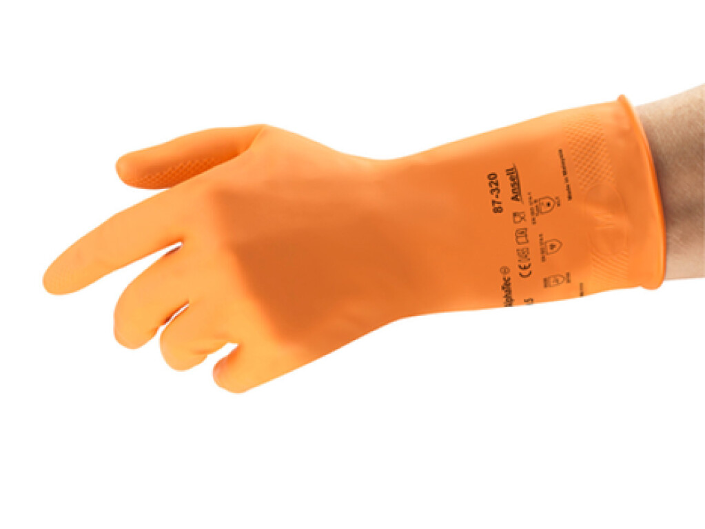 87-320 mt.9,5/XL AlphaTec Ansell Handschoenen oranje mt.9,5/XL Lichtgewicht handschoenen van natuurlijk rubberlatex met gevlokte voering
