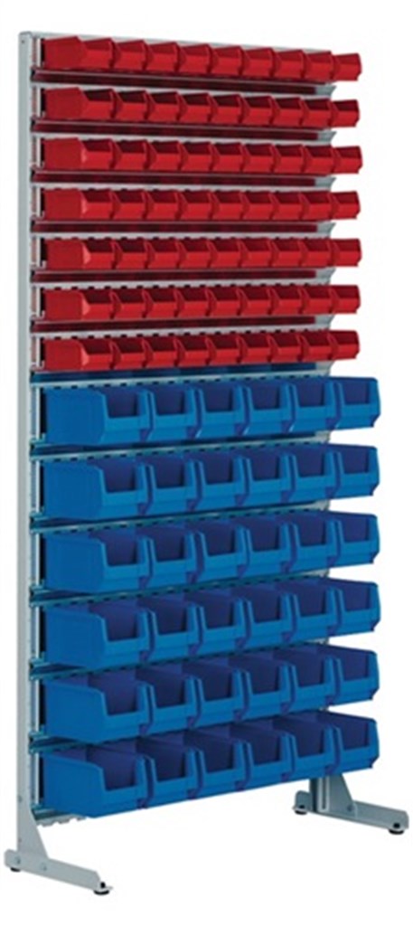 Magazijnrek eenzijdig 63 x MK5 rood 36 x MK4 blauw hoogte 2010 x breedte 1010 x diepte 400 mm lichtgrijs RAL 7035