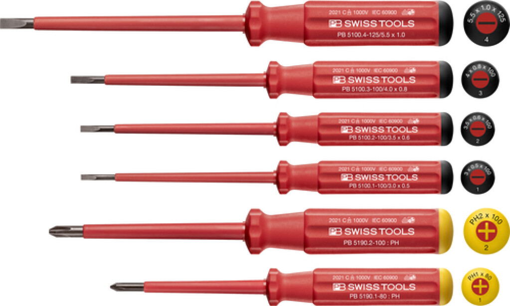 PB 5542 PB SWISS TOOLS Classic VDE schroevendraaierset zaagsnede en Phillips 0-1-2-3-4mm PH1-PH2, volledig geïsoleerd tot 1000VAC / 1500VDC 