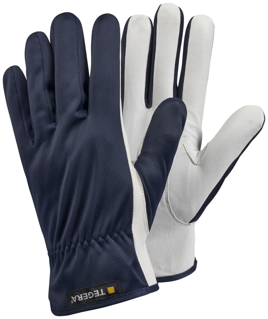 124 TEGERA mt. 12 Assemblage handschoenen, Volnerf geitenleer, nylon, niet gevoerd, blauw/wit