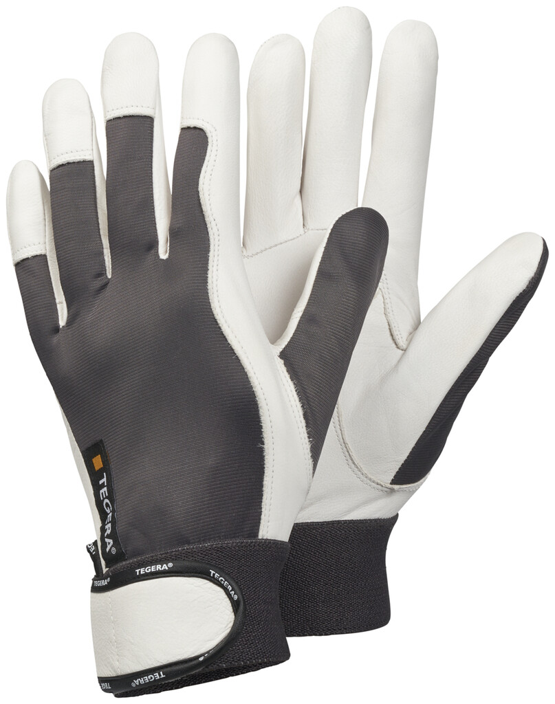 116 TEGERA mt. 11 Assemblage handschoenen, Volnerf geitenleer, polyester, niet gevoerd, wit/grijs