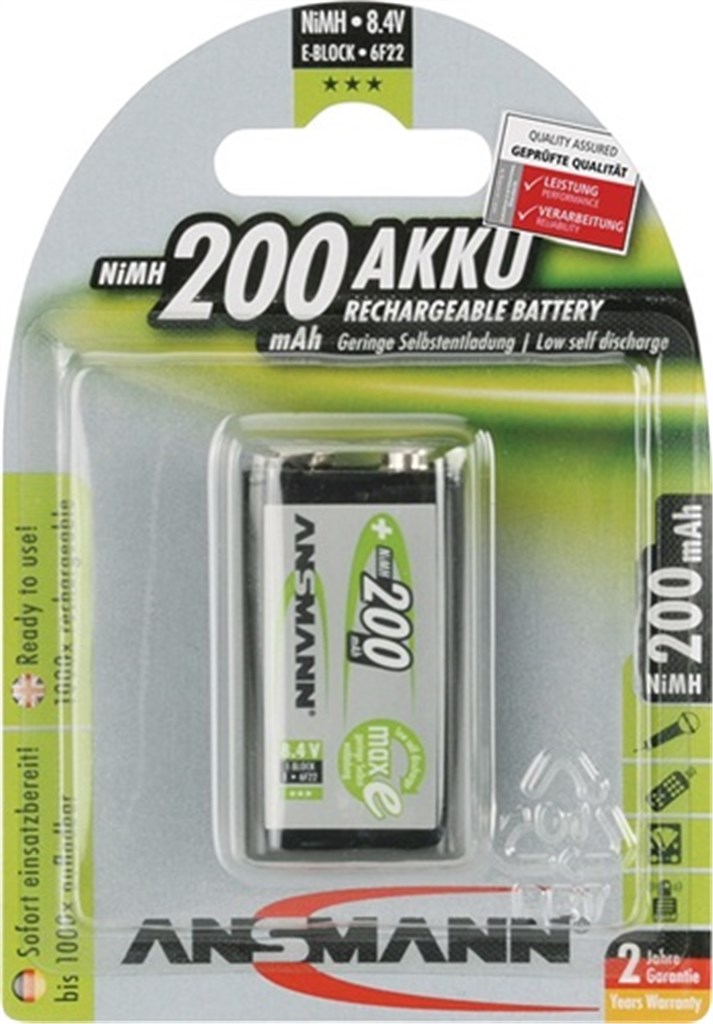 9V E-blok ANSMANN Accucel maxE oplaadbare batterij HR9V 8,4V 200mAh 1st./blister