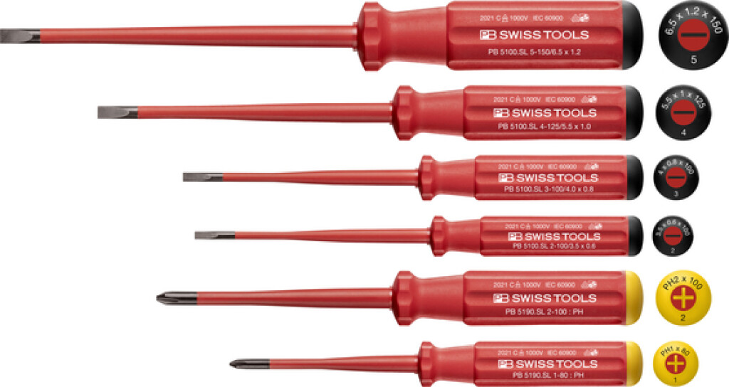 PB 5542.SL PB SWISS TOOLS Classic VDE Slim schroevendraaierset zaagsnede en Phillips 1-2-3-4-5mm PH1-PH2, volledig geïsoleerd tot 1000VAC / 1500VDC 