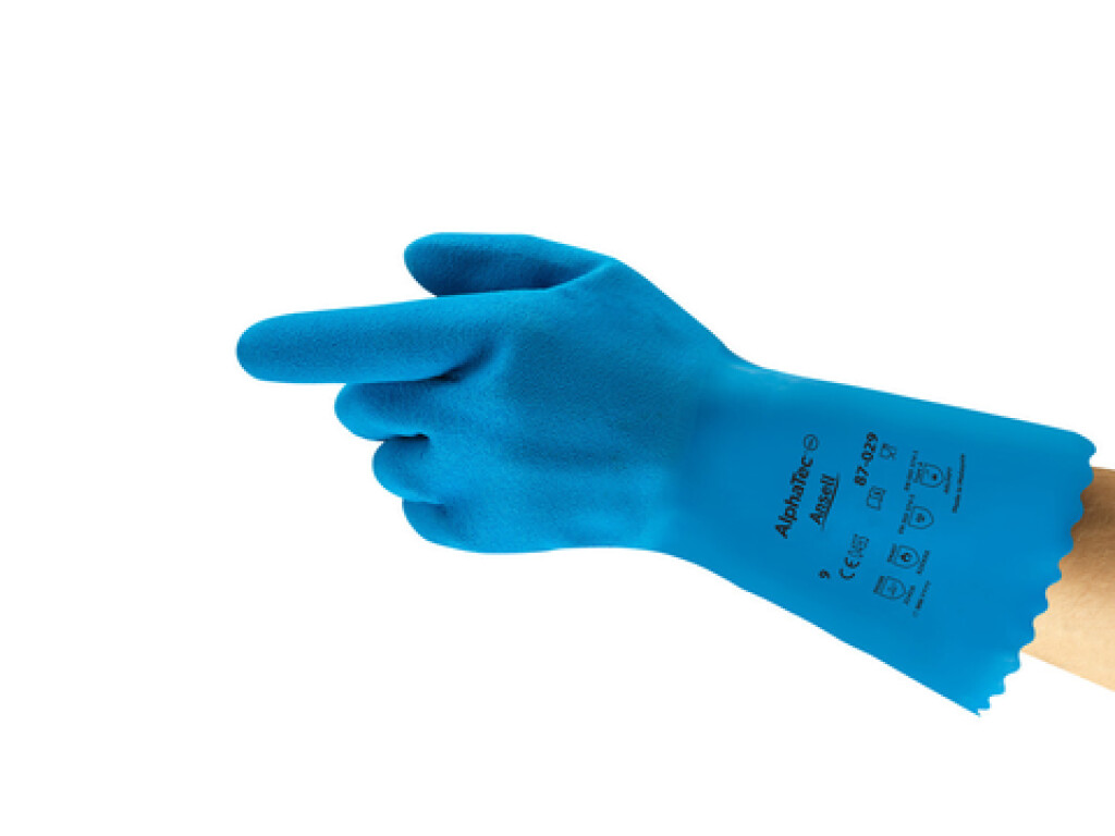 87-029 mt.8 AlphaTec Ansell Handschoenen blauw mt.8 Lichtgewicht, ondersteunde natuurrubber handschoen met gebreide nylon voering en chemische bestendigheid (Hitte bestendig tot 250°C)