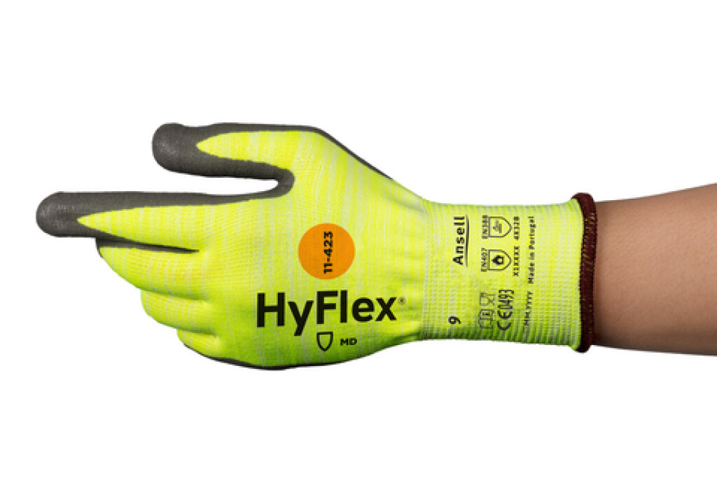 11-423 mt.9/L HyFlex Ansell Handschoenen grijs/geel mt.9/L Uitstekend comfort en grote beweeglijkheid. Pluisvrije handschoen (Hitte bestendig tot 100°C en snijklasse B)