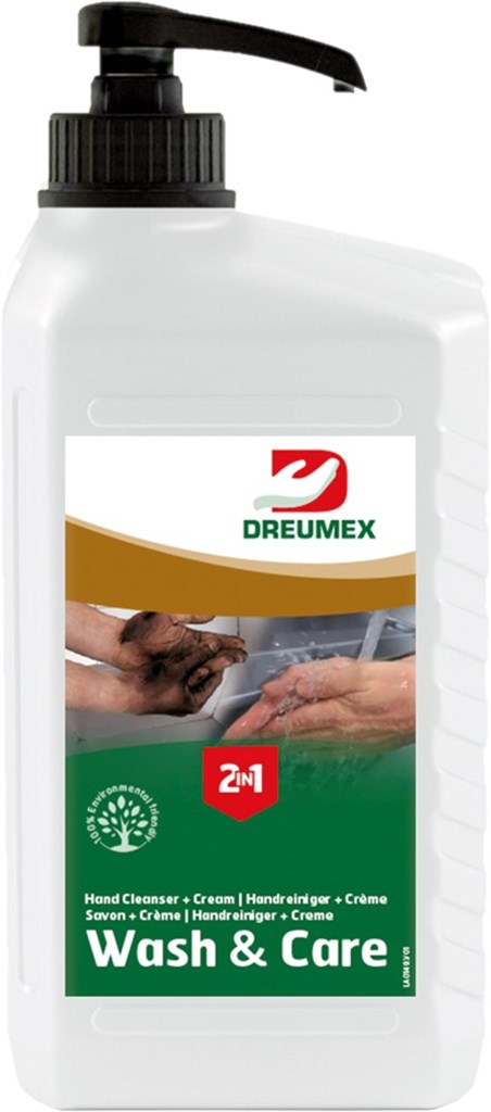 Wash & Care Dreumex 1ltr oplosmiddelvrije handreinigingspasta met geïntegreerde crème can met pomp