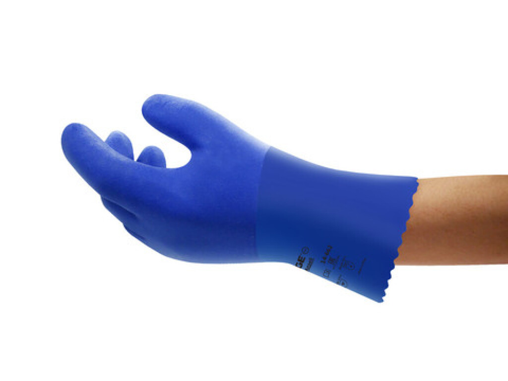 14-662 mt.10 Edge Ansell Handschoenen blauw mt.10 Hoogwaardige, CE-gecertificeerde handschoen met pvc-coating voor chemische weerstand