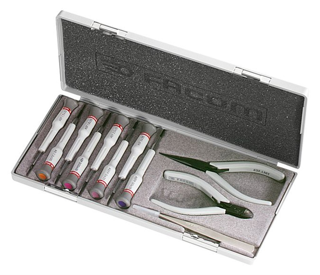 MT.J3 Facom set van 11 micro-tech® gereedschappen, sleufschroevendraaiers, phillips®, tangen en pincetten
