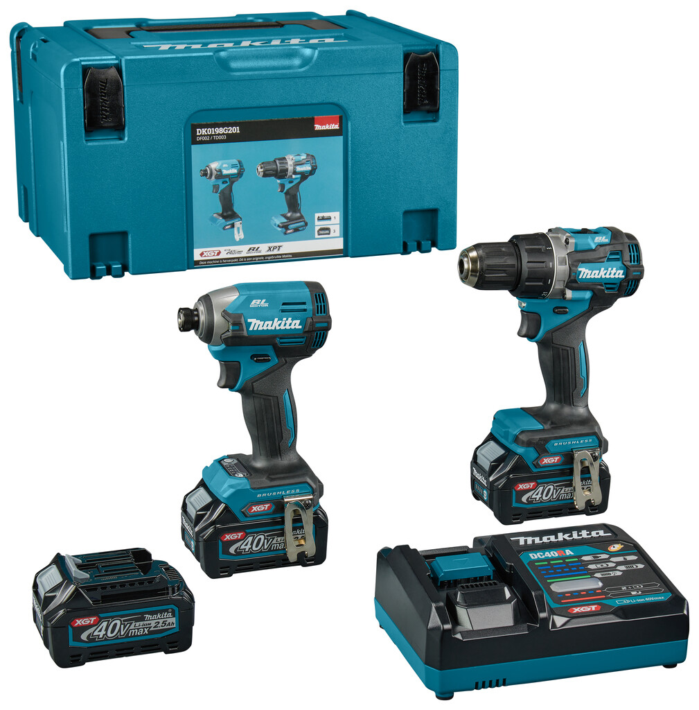 DK0198G201 Makita 40V Max Combiset boren en (slag)schroeven 2,5 Ah accu (3 st), snellader, DF002G, TD003G in Mbox