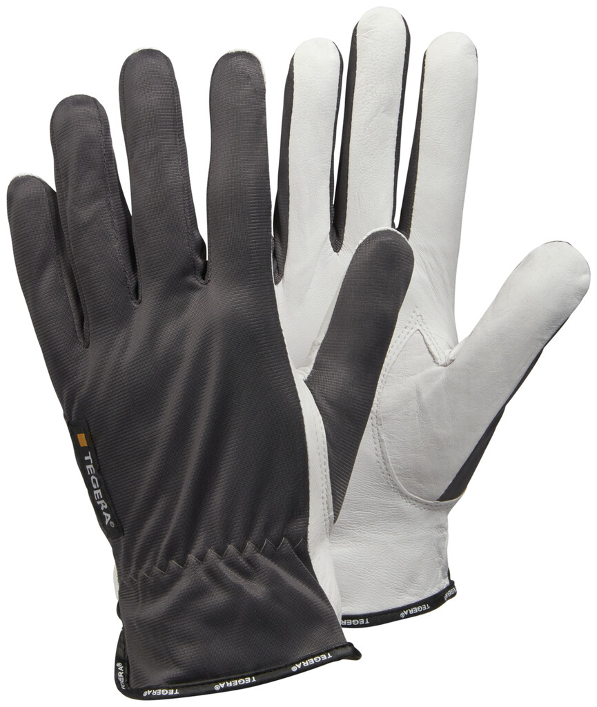 114 TEGERA mt. 11 Assemblage handschoenen, Volnerf geitenleer, polyester, niet gevoerd, wit/grijs